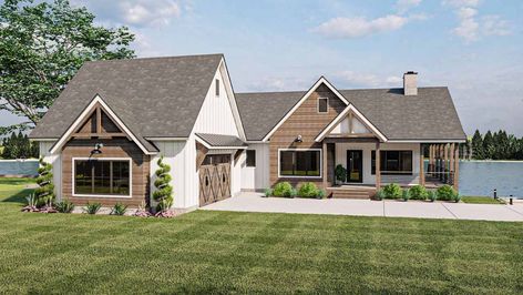 Waterfront Style House Plans - Print - Plan 52-520 Bar Flooring, Lake House Plans, Farmhouse House, House Plans Farmhouse, Modern Farmhouse Plans, Best House Plans, Cathedral Ceiling, Farmhouse Plans, Modern Farmhouse Style