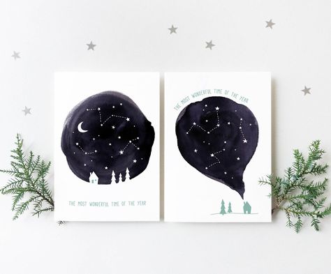 Black And White Christmas Cards, Christmas Cards Illustration, Sky Black And White, White Christmas Cards, Minimalist Christmas Cards, Minimalist Holiday Cards, Illustrated Christmas Cards, Postcards Inspiration, Winter Karten