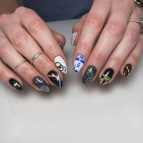 May the 4th be with you!! So glad I got to do these Star Wars themed nails on @mallorynailedit for Disney world!! • Inspo: @kate.nailed.it • • #starwars #starwarsnails #handpaintednailart #utahnails Star Wars Nails Designs, Star Wars Nail Art, Star Wars Nails, Baby Shower Nails, Star Wars Baby Shower, Wars Aesthetic, Disney Nail, Themed Nails, May The 4th