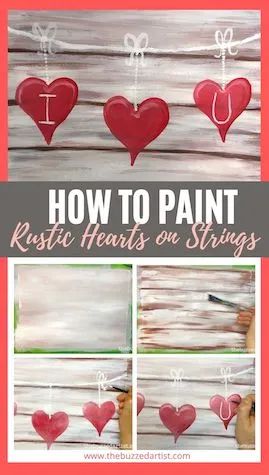 Valentine Hearts on a String - Acrylic Painting Tutorial Valentine Painted Canvas Ideas, Valentines Painting Tutorials, How To Paint Valentine Canvas, February Painting Ideas Canvases, Easy Valentine Acrylic Painting Ideas, Diy Valentines Painting Canvas, Valentines Day Canvas Painting Diy, Acrylic Painting Valentines Day, Step By Step Valentine Painting