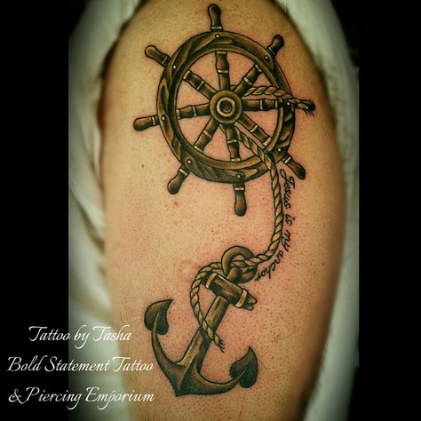 Wooden anchor and ship's wheel tattoo Captain Wheel Tattoo, Boat Wheel Tattoo, Captains Wheel Tattoo, Anchor And Wheel Tattoo Couples, Nautical Wheel Tattoo, Ship And Anchor Tattoo Couples, Pirate Anchor Tattoo, Anchor With Wheel Tattoo, Compass Boat Anchor Tattoo