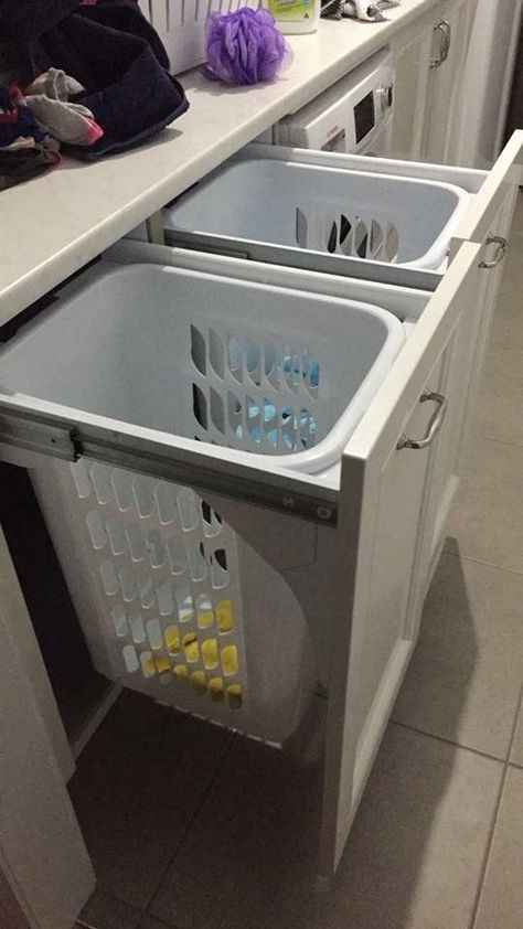 #organization #laundry Laundry Bin Ideas, Airing Cupboard Ideas, Hamper Cabinet, Bathroom Laundry Baskets, Organization Laundry, Master Bath And Closet, Airing Cupboard, Laundry Sorting, Laundry Basket Storage