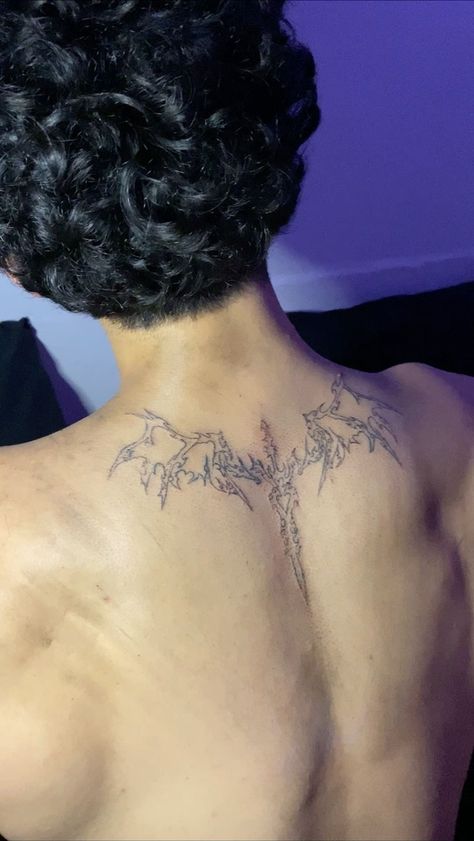 Back Tattoo Sigilism, Wing Tattoo Ideas For Men, Men’s Wings Tattoo, Cybersigilism Back Tattoo Wings, Angel Tatoos Aesthetic Men, Cypher Sigilism Tattoos, Wings Back Tattoo For Men, Wing Tattoo Men Back, Sigil Tattoo Back