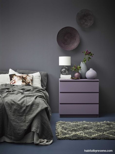 Luscious bruised purples make this bedroom a cosy, cocooning space. The walls are in Resene Gun Powder, the chest of drawers is Resene Chapta And Verse, the vases are in Resene Steam Roller (tall), Resene Mamba (medium) and Resene Couture, and the wall hangings are Resene Couture and Resene Sumptuous. Purple Grey Bedroom, Steam Roller, Resene Colours, Pink Rooms, Freedom Furniture, Purple Bedrooms, Purple Bedroom, Wall Colour, Purple Rooms