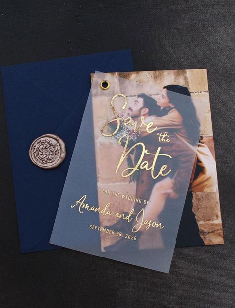 Vellum Save The Date, Safe The Date, Foil Save The Dates, Silver Foil Printing, Wedding Vow Books, Gold Foil Wedding, Photo Save The Date, Save The Date Photos, Carton Invitation