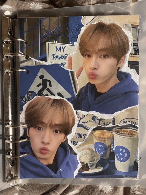 lee minho stray kids collage. коллаж минхо из стрэй кидс в синих оттенках, эстетика, разделитель для биндера Lee Know Scrapbook, Kpop Binder Cover Ideas, Kpop Binder Deco, Kpop Scrapbook, Binder Decoration, Kpop Deco, Binder Journals, Kpop Diy, Bulletin Journal Ideas