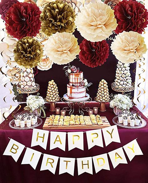 Burgundy Birthday Decorations, Fall Birthday Party Decorations, Party Decorations 30th Birthday, 75th Birthday Party Decorations, Burgundy Birthday, Birthday Decorations For Women, Gold Birthday Party Decorations, 75th Birthday Parties, Fall Birthday Parties