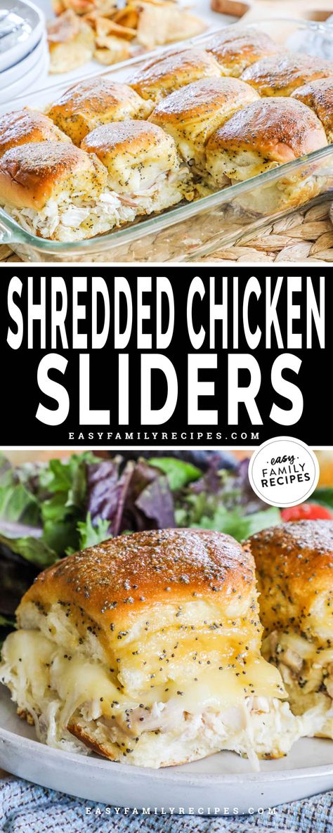 Shredded Chicken Sliders are an easy, crowd-pleasing meal or appetizer. They're made with soft and sweet Hawaiian rolls layered with juicy shreds of chicken, melty provolone, and a honey mustard glaze. Crockpot Chicken Sliders Recipes, Grilled Cheese Sliders Kings Hawaiian, Shredded Chicken Sliders Hawaiian Rolls, Crockpot Chicken Sliders, Slider Recipes Hawaiian Rolls, Sliders Recipes Hawaiian Rolls Easy, Shredded Chicken Sliders, Easy Chicken Sliders, Kings Hawaiian Sliders