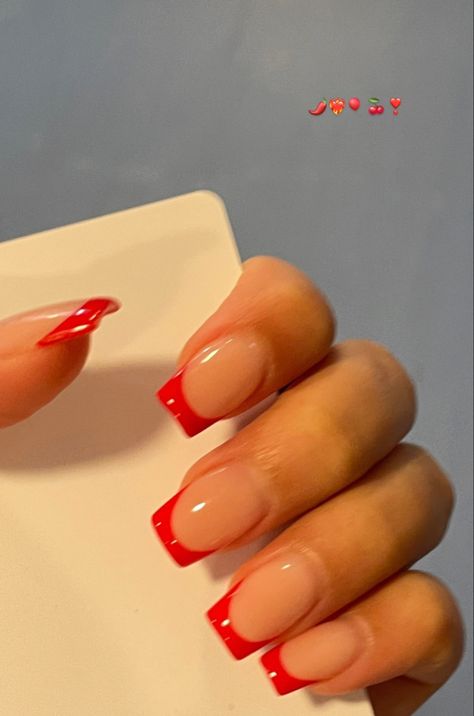 Red French Acrylic Nails Square, Nail Ideas Acrylic Square Medium, Acrylic Nails Tips Color, Red French Coffin, Bright Square Nails, Medium Square Acrylic Nails French Tips, Red French Tip Square, Square Red French Tip Nails, Red Acrylic Nails Square