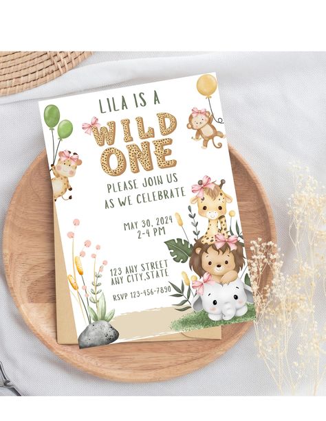 Wild One Birthday Invitation|Animal Theme Party|Canva Template Invitations|Boys 1st Birthday Party|Wild Animal Birthday Party|Wild One party Wild One Girls 1st Birthday, Wild Animal Birthday Party, Wild One Birthday Party Invite, Wild Animal Birthday, Wild One Invitation Template, Pink Safari Birthday Party Invitations, Wild One Invitation Zazzle, Wild One Party, Wild One Birthday Invitations