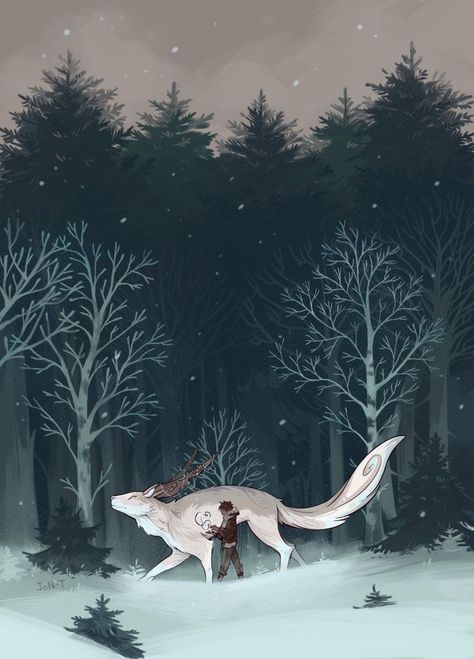 Winter Fantasy Creatures, Winter Mythical Creatures, Onyx And Ivory Fanart, Winter Animal Illustration, Mythical Backgrounds, Forest Spirit Art, Winter Creatures, 숲 사진, Spirit Of The Forest