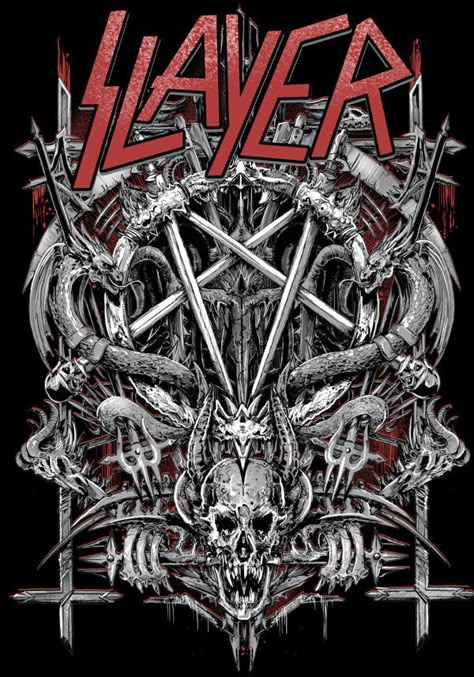 Slayer rock music poster skull psychedelic  -  ☮~ღ~*~*✿⊱╮ ﾚ o √ 乇 !! Jeff Hanneman, Arte Heavy Metal, Metal Posters Art, Slayer Band, Groove Metal, Rock Band Posters, Heavy Metal Art, Band Poster, Band Wallpapers