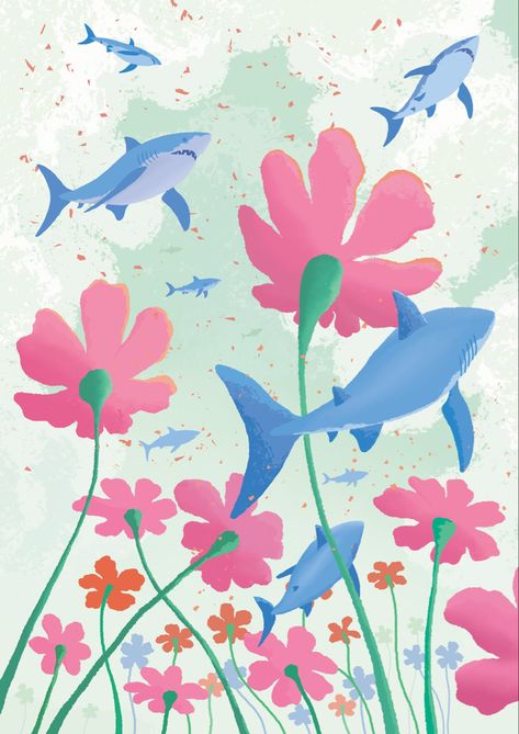 Blue sharks swimming through the sky & field of pink flowers Shark Background, Pink Shark, Shark Pictures, Shark Art, Art Wallpaper Iphone, Surf Art, Commissions Open, Watercolor Background, Sharks