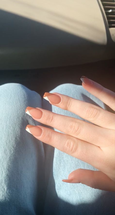 Nails Acrylic Fall French Tip, November Nails French Tip, French Tip Acrylic Nails Brown, Brown French Tip, Gold French Tip, White Tip Nails, Brown French, French Tip Nail Designs, November Nails