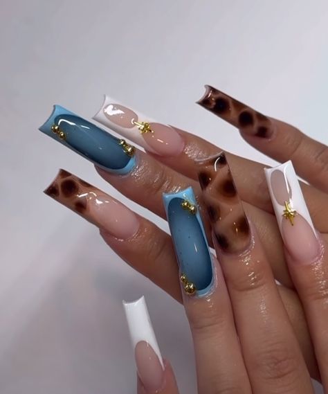 Dodger Blue Nails Acrylic, Blue And Cheetah Nails, Blue Junk Nails, Blue Cheetah Print Nails, Blue Autumn Nails, Cheetah Print Nails, Tapered Square Nails, Sassy Nails, Drip Nails