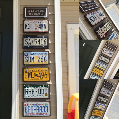 License Plate Art Wall Hanging. We have been an Army family for 23+ years and decided to display the license plates from all of our duty stations. We sanded and stained plywood, bolted the plates into the wood, and used O and s hooks to attach each plate to the other. Duty Station Wall, License Plate Wall Decor Ideas, Hanging License Plates On Wall, How To Display License Plates, License Plate Display, License Plate Display Ideas, License Plates On Wall, License Plate Art Wall, Old License Plate Ideas