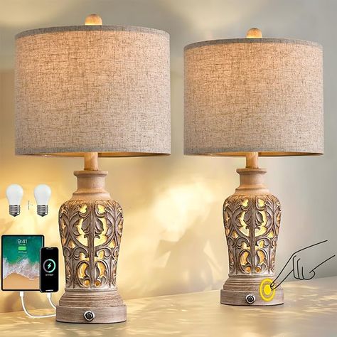 OYEARS 21.75’’Touch Control 3-Way Dimmable Table Lamp Set of 2, Retro Farmhouse Lamp with USB A+C Port, Vintage Nightlight Lamp for Living Room Bedroom Office, (Including 2 Bulbs) - Amazon.com Retro Desk Lamp, Nightstand Lamps, Farmhouse Table Lamps, Farmhouse Lamps, Retro Table Lamps, Retro Farmhouse, Dimmable Table Lamp, Resin Lamp, Table Lamps Living Room