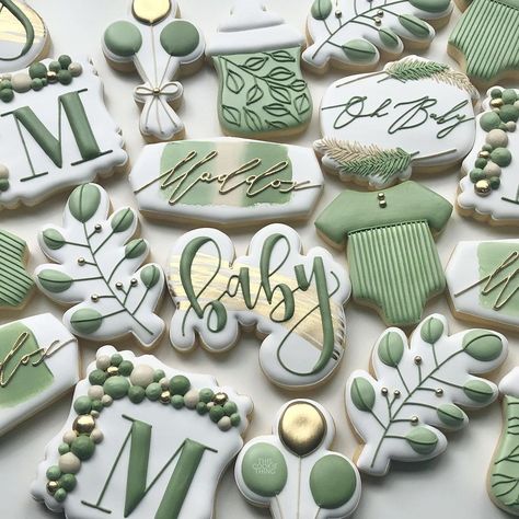 Sage And Gold Baby Shower Ideas, Sage Green Baby Shower Cookies, Green Baby Shower Cookies, Jungle Baby Shower Cookies, Boho Baby Shower Cookies Boy, Oh Boy Baby Shower Cookies, Greenery Baby Shower Ideas, Baby Safari Sugar Cookies, Safari Baby Shower Cookies