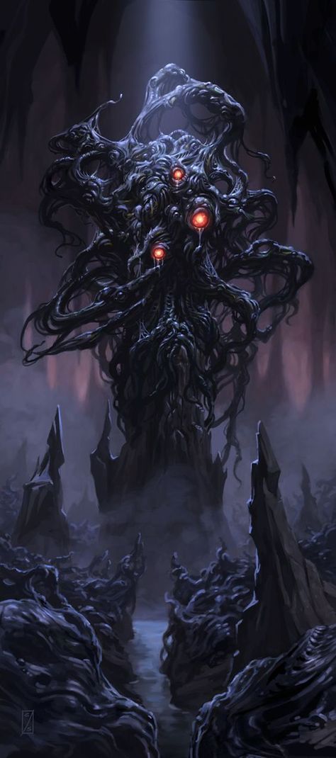 Shoggoth was a massive amoeba-like creature made out of iridescent black slime, with multiple eyes "floating" on the surface. They are described as "protoplasmic", lacking any default body shape and instead being able to form limbs and organs at will.: Cthulhu Fhtagn, Lovecraft Art, Yog Sothoth, Lovecraft Cthulhu, Weird Fiction, Lovecraftian Horror, The Faceless, Hp Lovecraft, Eldritch Horror