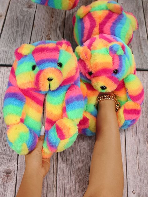 Teddy Bear Slippers, Rainbow Teddy Bear, Rainbow Slippers, Fluffy Teddy Bear, Rainbow Clothes, Bear Slippers, Shoe Boot, Mens Holiday, Fur Shoes