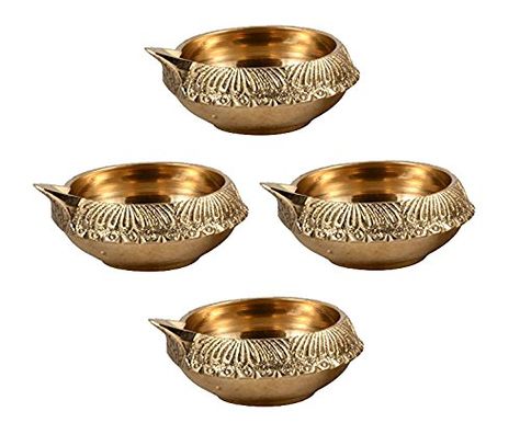 Hashcart Handmade Set of 4 Indian Puja Brass Oil Lamp  Golden Diya Lamp Engraved Design Dia  25 Inch >>> Find out more about the great product at the image link. (This is an affiliate link) #HomeDecorPlaques Diwali Thoughts, Antique Modern Decor, Happy Diwali Gift, Brass Diyas, Diwali Diyas, Puja Items, Diya Lamp, Traditions To Start, Pooja Items