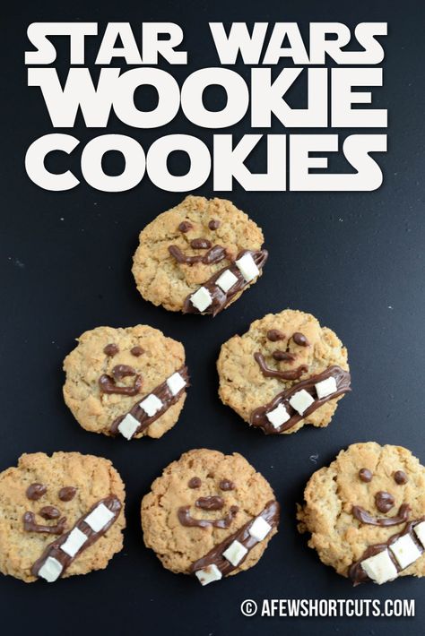 Star Wars fans will love this yummy and simple Star Wars Wookie Cookies Recipe. A chewy oatmeal cookie with some chocolate frosting. The perfect addition to a party of movie night! Star Wars Essen, Wookie Cookie, Star Wars Dessert, Chewy Oatmeal Cookie, Star Wars Snacks, Star Wars Wookie, Wookie Cookies, Star Wars Food, Plain Cookies