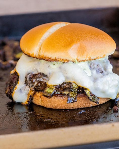 Beef and Chorizo Burger, Flavors of Arizona Burger Flavors, Cilantro Crema, Grilled Okra, Chorizo Burger, Beef Chorizo, Smash Burger Recipe, Muenster Cheese, Crispy Beef, Chorizo Recipes