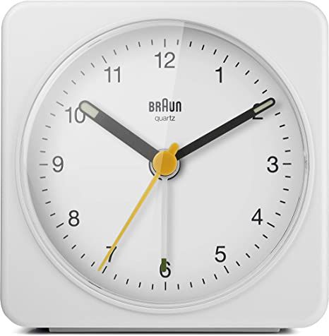 Braun Classic Analogue Alarm Clock with Snooze and Light, Quiet Quartz Sweeping Movement, Crescendo Beep Alarm in White, Model BC03W. Braun Clock, Analog Alarm Clock, Sunrise Alarm Clock, Travel Alarm Clock, Dieter Rams, Changing Wall Color, Design History, Black Case, Digital Alarm Clock