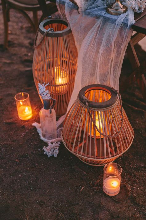 Lantern Beach Wedding, Beach Candle Light Dinner, Rattan Lantern Wedding, Rattan Lantern Sweetheart Table, Romantic Beach Picnic, Beach Wedding Setup, Rattan Candle Lantern, Floor Lantern, Birthday Party Decorations For Adults