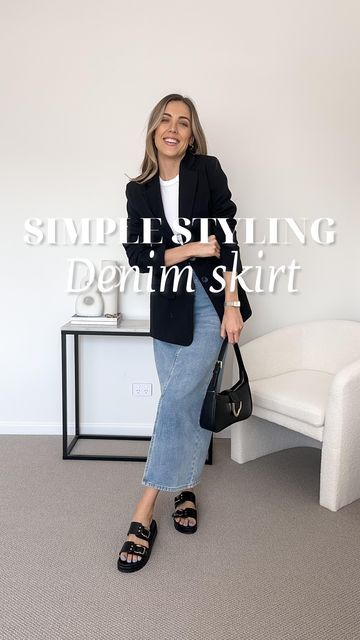 Denim Midi Skirt Outfits, Midi Denim Skirt Outfit, Denim Midi Skirt Outfit, Chunky Slides, Tan Crossbody Bag, Tube Top Black, Trendy Date Night Outfit, Black Heeled Sandals, White Button Up Shirt