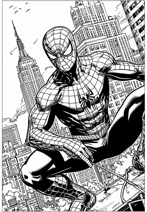 Spider-man with the Empire State Building in the background - JustColor.net : Free printable coloring pages for adults and kids Spiderman Coloring Pages Free Printable, Spider Man Coloring Pages, Spiderman Coloring Pages, Ancient Greece Mythology, Comic Coloring, Egypt Hieroglyphics, Pop Art Tattoos, Superhero Coloring Pages, Spiderman Coloring