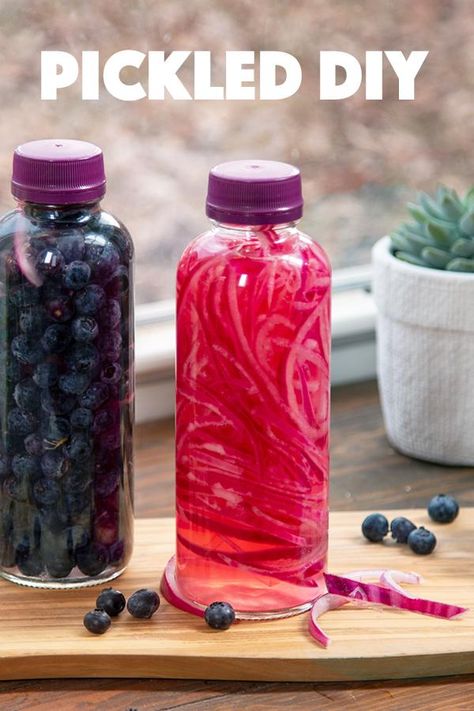 PICKLED DIY 1. Upcycle your KeVita bottle  2. Add brine (recipe below) and shake  3. Add blueberries OR red onion   INGREDIENTS 1 cup apple cider vinegar 1⁄4 cup raw sugar 1 3⁄4 tbsp. kosher salt 1 1⁄4 lb. blueberries OR 1 small  red onion, thinly sliced Kombucha Bottles Reuse, Kombucha Bottles Upcycle, Upcycle Kombucha Bottles, What To Do With Extra Kombucha Scoby, Kombucha Second Fermentation, Kombucha Bottles, Upcycled Bottles, Kombucha Health Ade, Brine Recipe