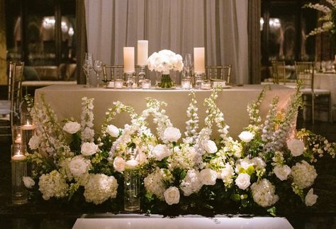 Sweetheart Table White Flowers, Candles Sweetheart Table, Wedding Sweetheart Table Flowers, Head Table Candles, Sweetheart Table Florals, Sweetheart Table Candles, Floral Hedge, Delphinium White, White Delphinium