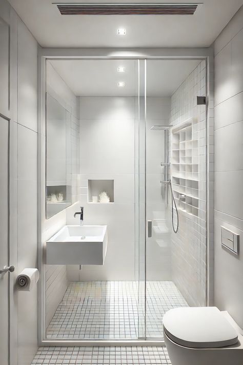 Make the most of your small bathroom with this elegant, streamlined design. The seamless glass shower, simple wall-mounted sink, and organized shelving add functionality without sacrificing style. It��’s perfect for anyone looking to create a relaxing, spa-like feel in a compact space. Want more tips on maximizing style and storage in small bathrooms? Visit our blog post for inspiration and ideas! Very Small Bathroom Design, Tiny Wet Room, Small Rustic Bathroom Ideas, Bathroom Interior Ideas, Small Rustic Bathroom, Theatre Room Ideas, Very Small Bathroom, Small Bathtub, Small Bathroom Interior