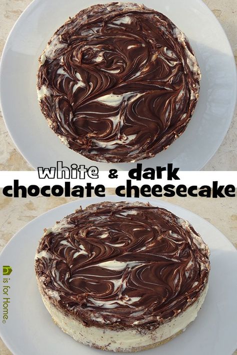 White and dark chocolate cheesecake recipe | H is for Home   #cheesecake #cake #nobakecheesecake #nobake #chocolatecheesecake #chocolate #whitechocolate #dessert #recipe Dark Chocolate Cheesecake Recipes, Dark Chocolate Cheesecake, Chocolate Cheesecake Recipe, Marble Chocolate, Chocolate Dishes, Chocolate Cheesecake Recipes, Vegetarian Bake, Cheesecake Cake, Cold Desserts