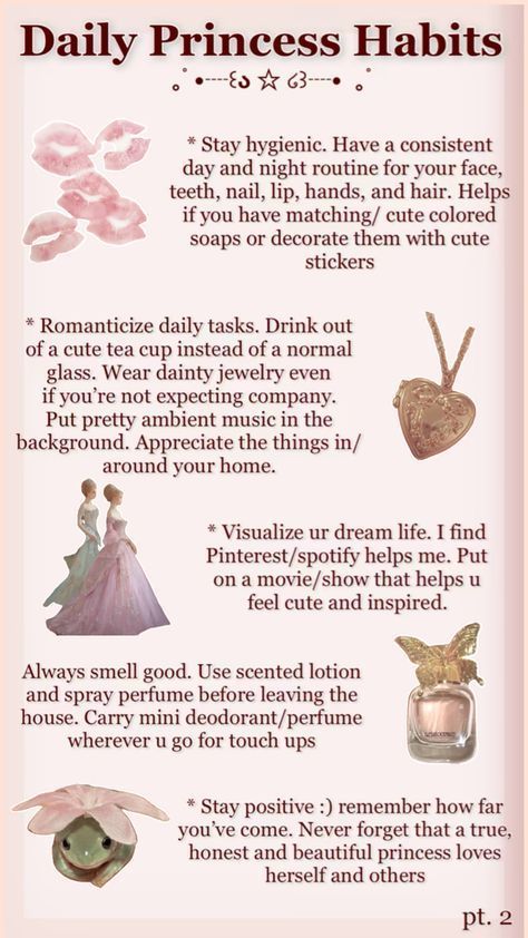 Coquette Self Care Aesthetic, Coquette Hygiene Tips, Daily Princess Habits, Aesthetic Self Care Tips, How To Be A Princess Tips, What Is Coquette, Coquette Girly Aesthetic, Girly Stuff Aesthetic, How To Be A Princess