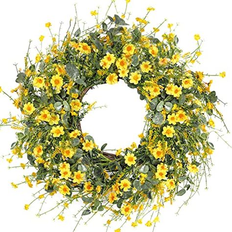 Sggvecsy Yellow Daisy Wreath 24 Inch Spring Summer Wreath Fake Silk Floral Wreath with Green Eucalyptus Leaves and Lavender for Front Door Window Wall Wedding Farmhouse Festival Decor | Michaels Daisy Wreath, Silk Wreaths, Yellow Wreath, Green Eucalyptus, Front Doors With Windows, Eucalyptus Wreath, Yellow Daisy, Artificial Wreath, Sunflower Wreaths