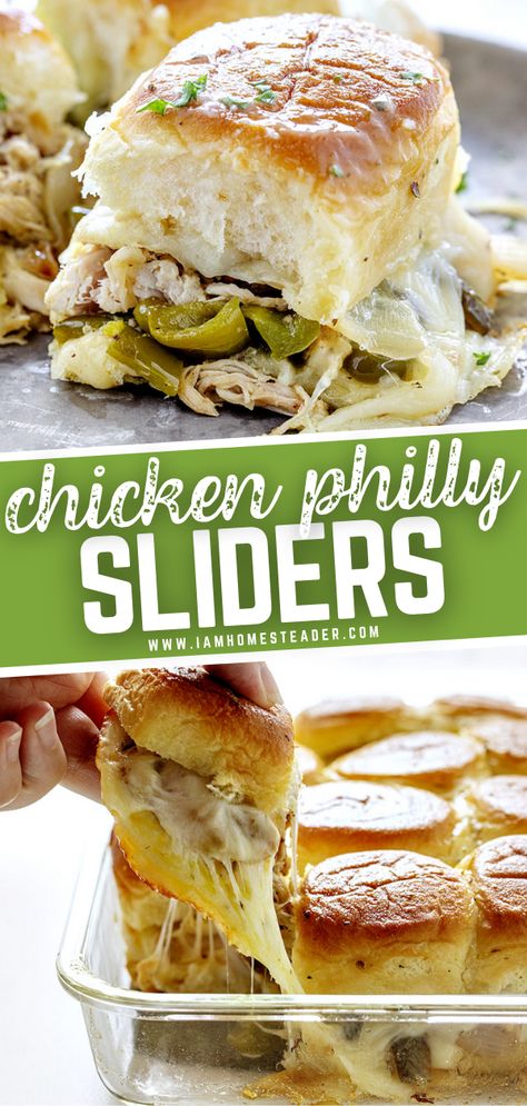 Shredded Chicken Philly Cheesesteak, Chicken Philly Sliders Hawaiian Rolls, Chicken Philly Cheesesteak Sliders, Slider Recipes Chicken, Shredded Chicken Sliders Recipes, Chicken Philly Sliders, Chicken Cheesesteak Sliders, Ground Chicken Sliders, Chicken Sliders Recipes Kings Hawaiian