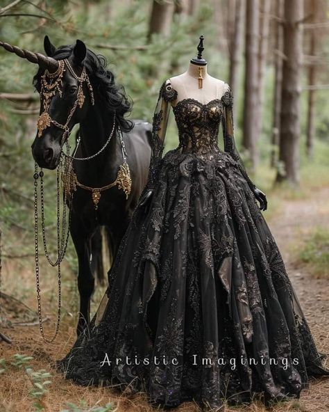 Fairytale Black Dress, Fairy Wedding Dress Black, Dark Wedding Dress Victorian, Mythical Ball Gowns, Villian Ballgown, Black Princess Gown Royalty, Fantasy Gowns Black, Dark Fantasy Dress Aesthetic, Black Fairytale Wedding Dress