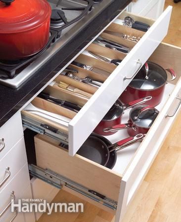 Storage Drawers under Cooktop - like the shallow drawer with dividers on top. Inspirational Kitchens, Merillat Cabinets, Utensil Drawer Organization, Man Magazine, Kitchen Improvements, Utensil Drawer, Handy Man, Organizer Ideas, Range Top