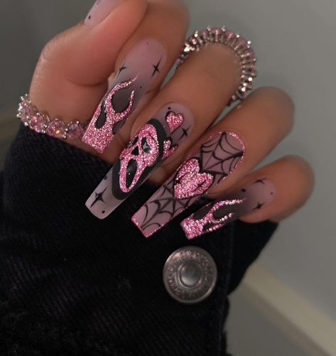 Pink Horror Nails, Gothic Pink Nails, Goth Barbie Nails, Pink Emo Nails, Pink Goth Nails, Gore Nails, Ballerina Acrylic Nails, Scary Nails, Skull Love