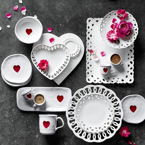 Valentine's Day Coffee Mugs | Williams Sonoma Platter Plates, Heart Plates, Paper Valentines, Valentine's Day Treats, White Dinnerware, Valentines Day Treats, Appetizer Plates, Stoneware Mugs, Williams Sonoma