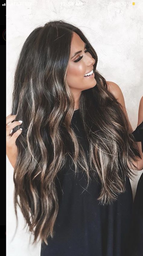 Dark Baylage Hair Black, Long Dark Hair With Balayage, Dark Hair Extensions With Highlights, Long Layered Haircuts For Thick Hair Side Bangs, Drew Berry More Hair, Long Dark Hair With Highlights Balayage, Hairby Chrissy Brunette, Black With Blonde Balayage, Audrina Patridge Hair Dark