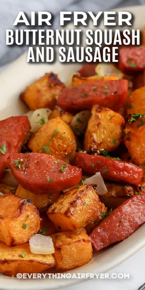 A plate of air fryer butternut squash and sausage with onions. Butternut Squash Sausage Recipes, Airfryer Sausage, Butternut Squash And Sausage, Sausage Squash, Butternut Squash Recipes Healthy, Air Fryer Butternut Squash, Squash Sausage, Butternut Squash Sausage, Baked Sausage