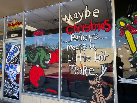 The grinchs hand holding broken christmas ornament. Maybe christmas perhaps means a little bit more quote with max the dog Christmas Window Painting Grinch, Grinch Window Art, Grinch Window Display, Grinch Window Painting, Christmas Window Art, Salon Christmas, Painting Display, Edward Jones, Window Paintings