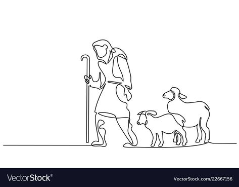 Merry christmas shepherd and sheeps one line drawn Shepherd Drawing Sheep, Shepard And Lamb Tattoo, Leaves The 99 Sheep Tattoo, Shepherd Tattoo Jesus, Sheep Line Art, Drawing Sheep, Christmas Line Art, Shepherd Drawing, Shepherd And Sheep