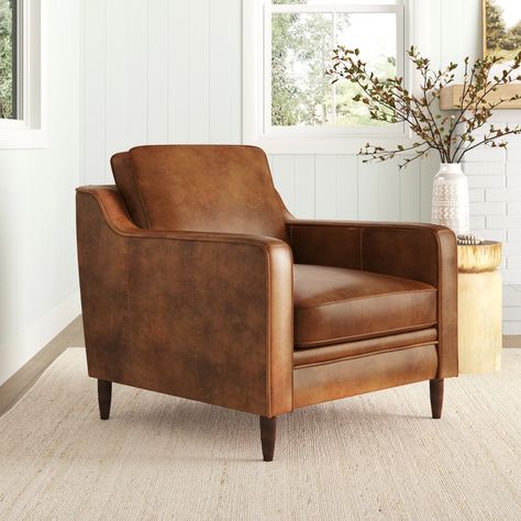 Sand & Stable Abbott Genuine Leather Square Arm Accent Chair & Reviews | Wayfair House Gathering, Leather Wingback Chair, Leather Wingback, Retro Living Rooms, Square Arm Sofa, Gathering Room, Leather Accent Chair, Upholstered Accent Chairs, Swivel Barrel Chair