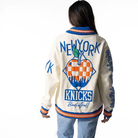 Knicks Outfit, Nba Design, Knicks Logo, Ny Knicks, Logo And Branding, Jacquard Sweater, New York Knicks, Metal Zipper, Band Tees