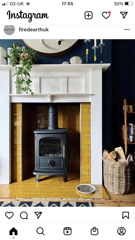 Victorian Terrace Fireplace Ideas, Tiled Hearth Freestanding Fireplace, Fireplace Log Burner Ideas, Victorian Woodburner Fireplace, Victoria Fireplace Ideas, Tiled Fire Surround, 1930 Fireplace Ideas, Tiled Log Burner, Edwardian Fireplace Tiles