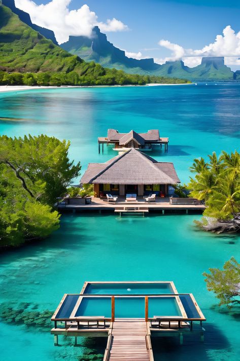 Experience the magic of Bora Bora, where volcanic peaks and overwater bungalows meet. This Pacific paradise offers turquoise lagoons, vibrant coral reefs, and luxurious relaxation. #BoraBora #TravelGoals #Paradise Bora Bora House, Bora Bora Bungalow, Overwater Bungalows, Beautiful Vacations, Ocean Sounds, Coral Reefs, Global Travel, Bora Bora, White Sand Beach